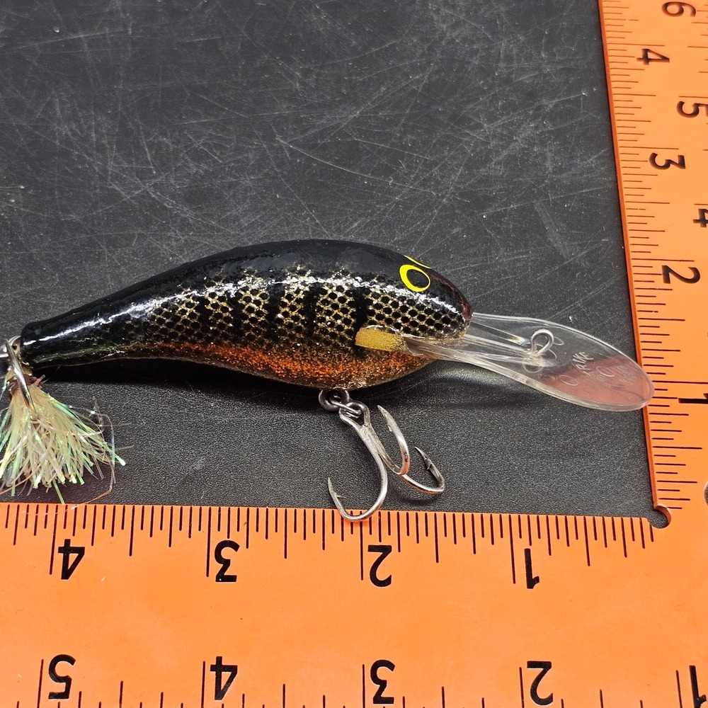 Vtg Strike King Shad Deep Diving Crankbait Black Gold Glitter Tinsel Hook Rapala